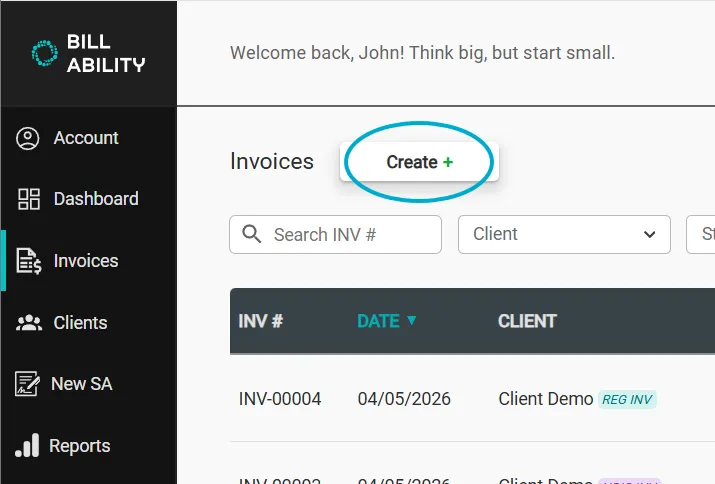 Create your first invoice in Billability