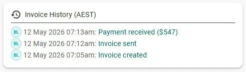 Invoice history - payment received, sent, created