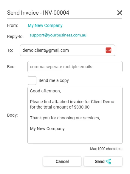 Send an invoice by email with PDF attachment